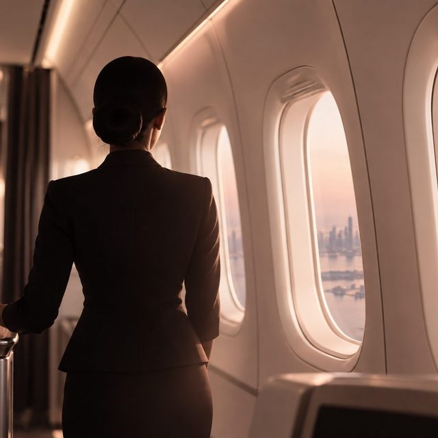 Cabin crew on board a wide-body aircraft
